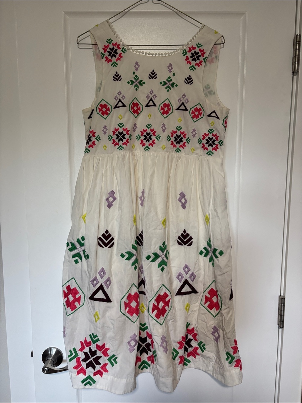 Anthropologie White Sleeveless Dress with Multicolor Geometric Embroidery